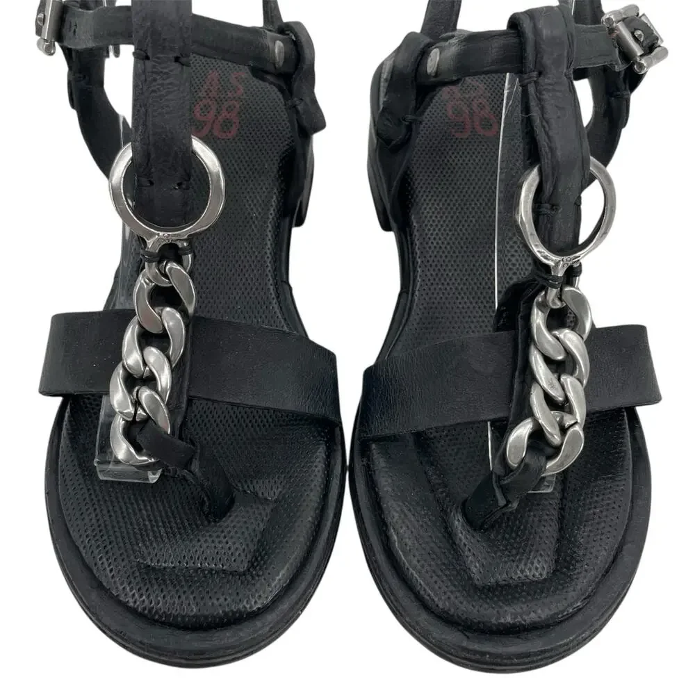 A.S.98 Black Leather Silver Chains Strappy Heeled Sandals Edgy Boho Size 39 - Picture 3 of 11